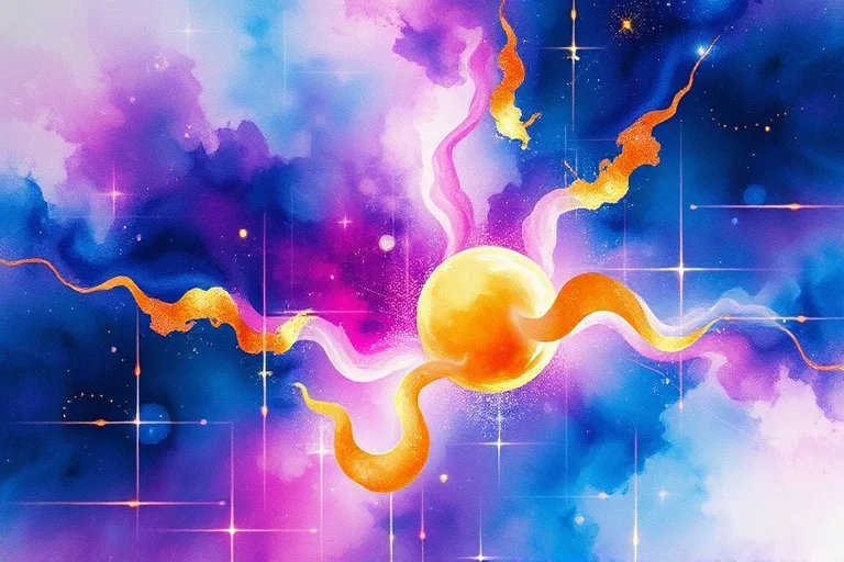 Pintura abstracta de acuarela con tonos índigo, violeta y dorado que se mezclan y expanden, simbolizando la conciencia en evolución.