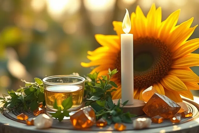 Fotografía macro de ofrendas para el solsticio de verano: hierbas frescas, agua solarizada, cristales ámbar, vela y girasol.