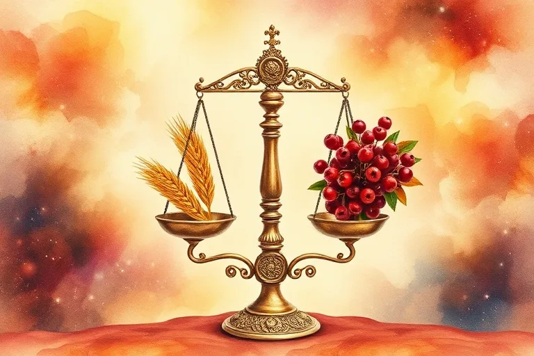 Pintura acuarela de un equinoccio de otoño, con una balanza equilibrando un haz de trigo y bayas, simbolizando la cosecha y el equilibrio.