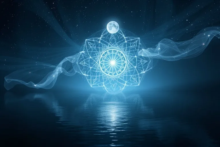 Arte conceptual de un velo translúcido de luz estelar y lunar descendiendo sobre un lago oscuro y tranquilo, creando ondas de energía pura.