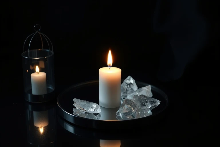 Bodegón cinematográfico de un espejo de obsidiana negra, una vela blanca y cristales de cuarzo, simbolizando limpieza energética y enfoque.