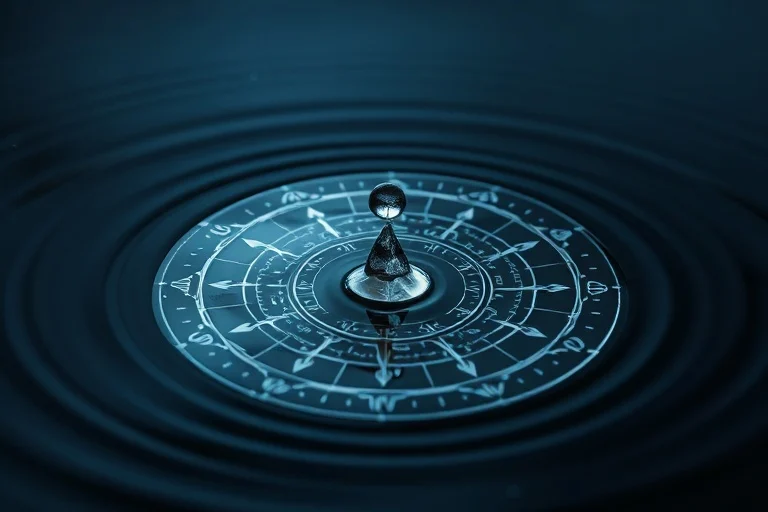 Arte conceptual abstracto de un mandala de plata emergiendo de agua oscura, con una gota de rocío colgando, simbolizando potencial y cambio.