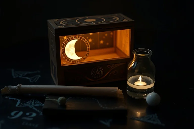 Fotografía cinematográfica de naturaleza muerta de una caja de madera intrincadamente tallada que emite una luz suave, junto a una vela sin encender y un vial de líquido brillante sobre una superficie de obsidiana oscura.