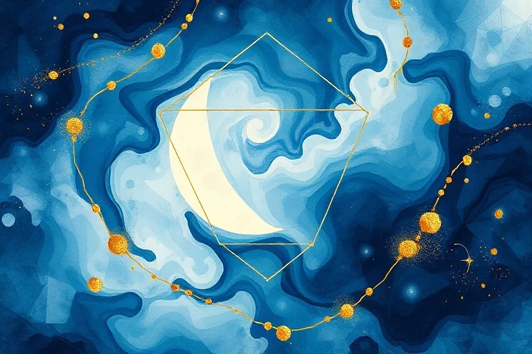 Pintura abstracta en acuarela con remolinos de azules, índigos y platas, con toques de pan de oro, evocando el flujo de la energía lunar y las fuerzas invisibles.