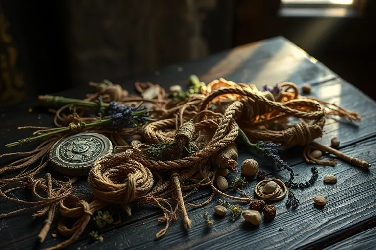 Variedad de fibras naturales y hierbas secas sobre una mesa de madera antigua, iluminadas por un rayo de luz suave.