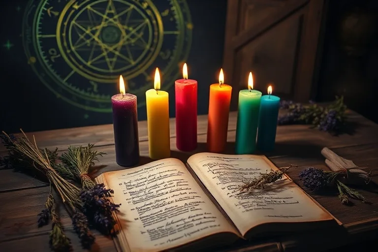 Bodegón cinematográfico de varias velas rituales sin encender de diferentes colores, dispuestas en un altar de madera antiguo con hierbas secas y un diario abierto.