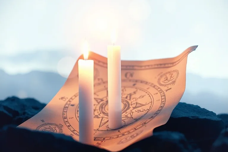 Ilustración acuarela de una vela blanca alta ardiendo, su llama parpadeante, iluminando un pergamino con símbolos místicos, rodeada de energía brillante y etérea.