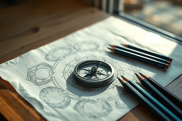 Una composición cinematográfica de herramientas artísticas para crear mandalas, incluyendo un compás, lápices de colores y papel, bañadas en luz natural.