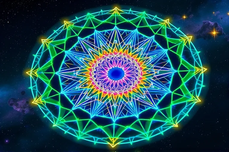 Una representación artística conceptual de líneas luminosas interconectadas que forman un patrón dinámico, simbolizando el flujo de energía y la manifestación.