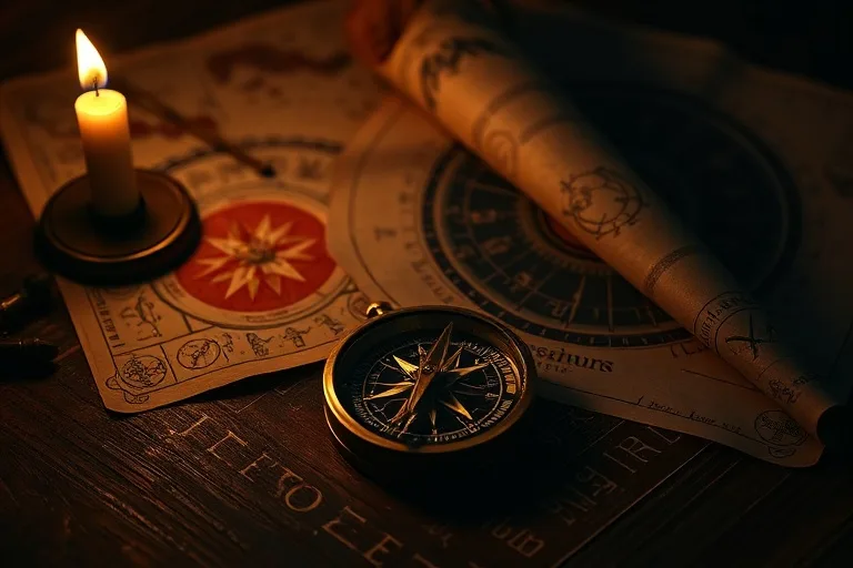 Fotografía cinematográfica de un compás antiguo sobre un escritorio de madera, rodeado de cartas astrológicas y una vela, simbolizando la búsqueda de dirección.