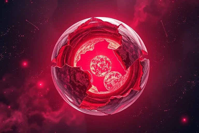Render 3D conceptual de una esfera cristalina fracturada que emite luz roja, simbolizando la pasión y la acción fragmentada en un espacio etéreo.