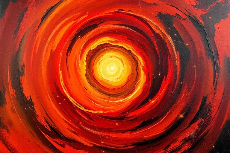 Pintura al óleo abstracta con remolinos de carmesí profundo, naranja fuego y marrones terrosos, simbolizando la energía controlada y la transformación de Marte.
