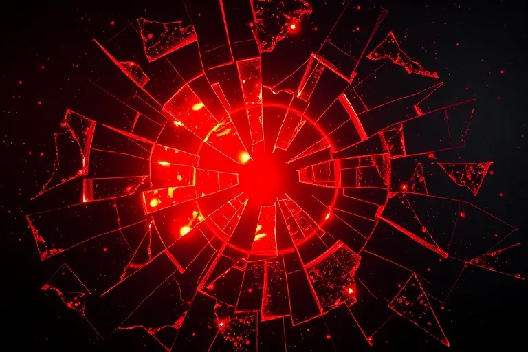 Arte conceptual de un espejo roto reflejando energía roja.