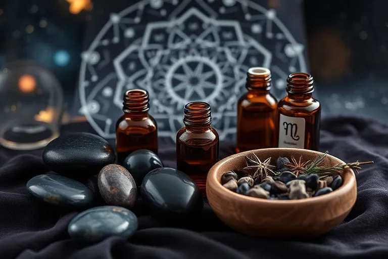 Fotografía macro de piedras de masaje pulidas, botellas de aceites esenciales y un cuenco de madera con hierbas secas, sobre un paño oscuro. Destaca las herramientas esenciales para una terapia de masaje zodiacal.