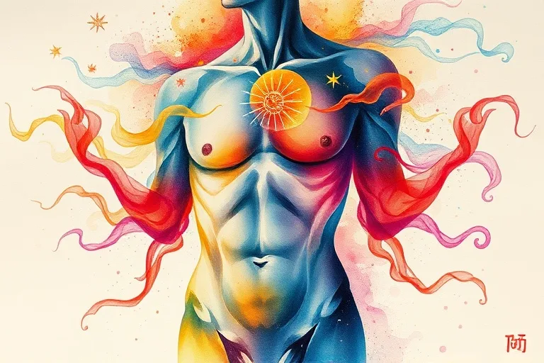 Pintura acuarela abstracta de energías coloridas fluyendo a través de un torso humano estilizado con glifos astrológicos sutiles. Simboliza la armonía energética astral y el flujo vital.