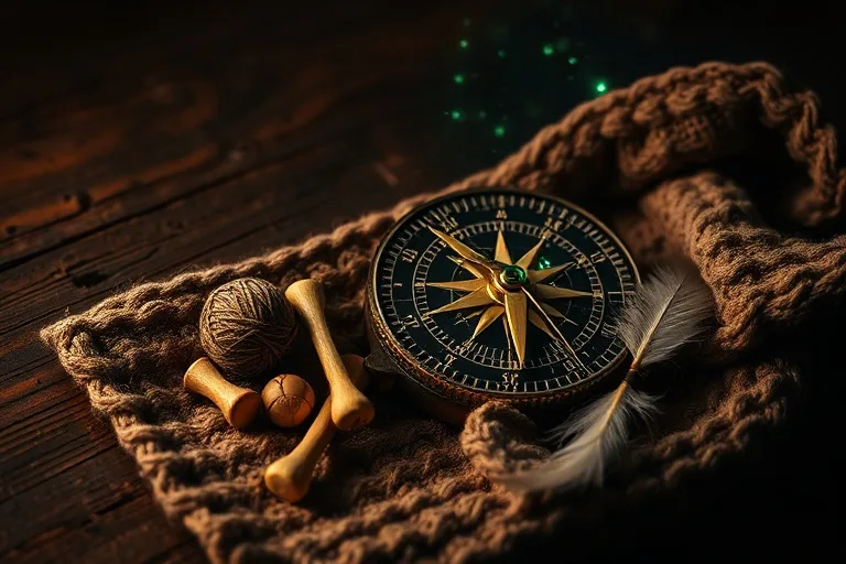 Fotografía cinematográfica de naturaleza muerta con un brújula antigua apuntando a una rueda zodiacal estilizada, rodeada de juguetes de mascotas y una manta suave sobre una mesa de madera.