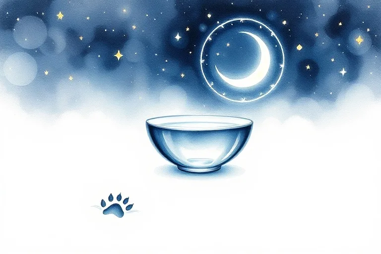 Pintura de acuarela de una escena serena con un cuenco de agua que refleja una luna creciente, una huella de pata delicada en primer plano, rodeada de símbolos astrológicos y estrellas brillantes.