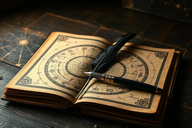Libro de astrología abierto con una carta natal y pluma antigua