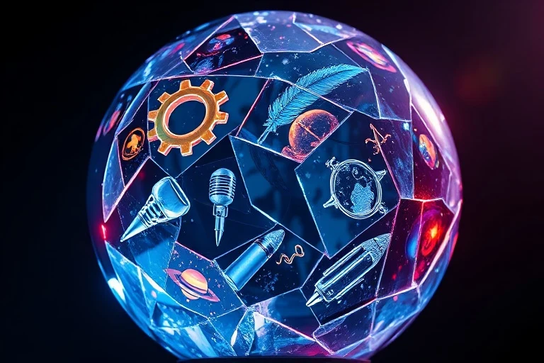 Bola de cristal fragmentada con reflejos de símbolos profesionales