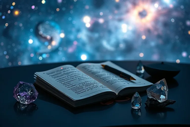 Altar de meditación con cristales, incienso y un diario espiritual
