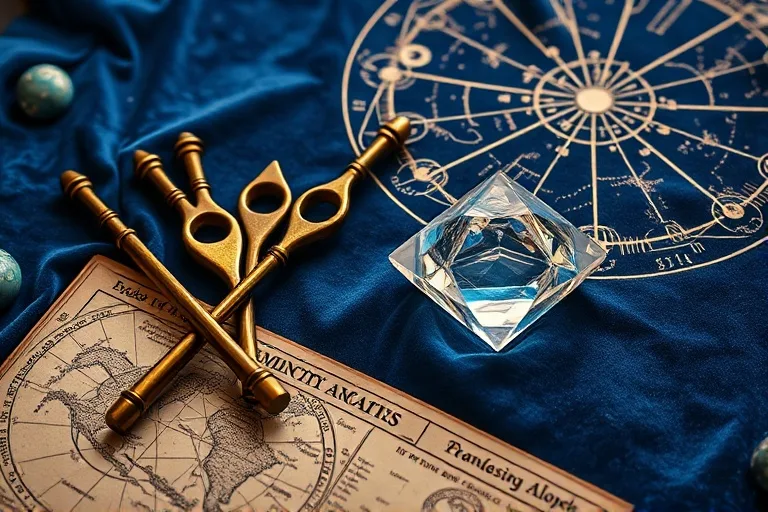 Fotografía macro de diapasones de latón antiguos sobre un terciopelo, con un cristal pulido y un mapa astronómico vintage.