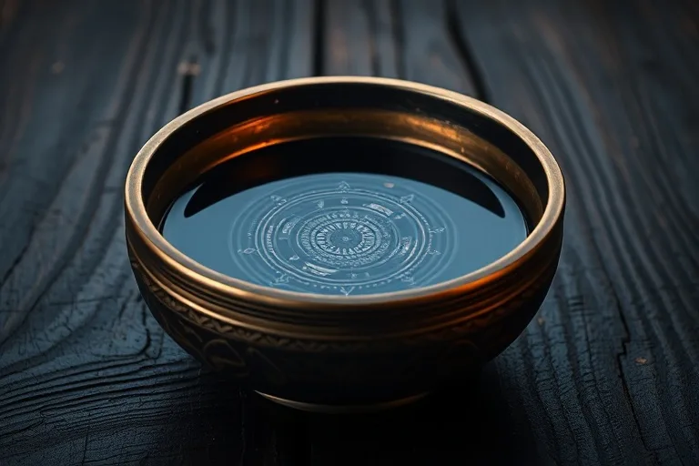 Arte conceptual de un antiguo cuenco tibetano con ondas de agua que reflejan patrones galácticos, sobre una superficie de madera desgastada.