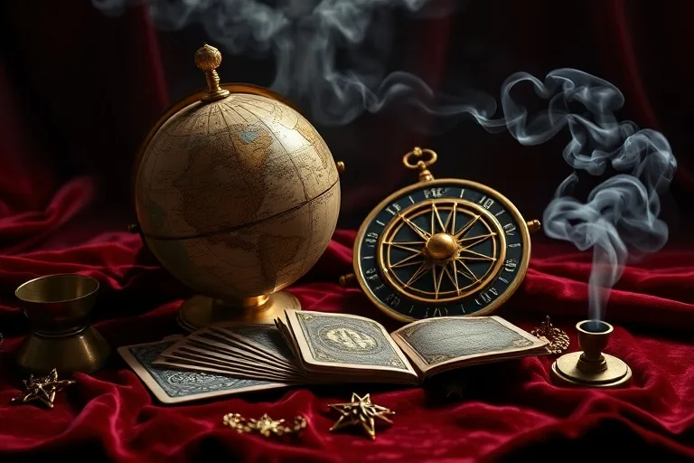 Bodegón cinematográfico de herramientas astrológicas antiguas: un globo celeste, un astrolabio de latón, un mazo de cartas de tarot y un incienso humeante sobre terciopelo, con iluminación dramática.