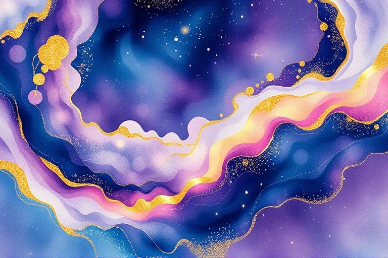 Pintura abstracta en acuarela con patrones arremolinados de azules, morados y dorados, que se fusionan para representar el flujo de energía, con sutiles constelaciones formándose dentro de los colores.