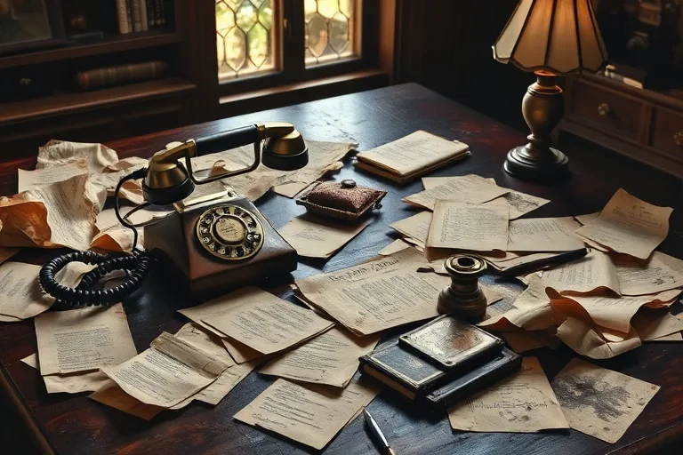 Escritorio antiguo con documentos arrugados y teléfono descolgado, simbolizando problemas de comunicación y acuerdos.
