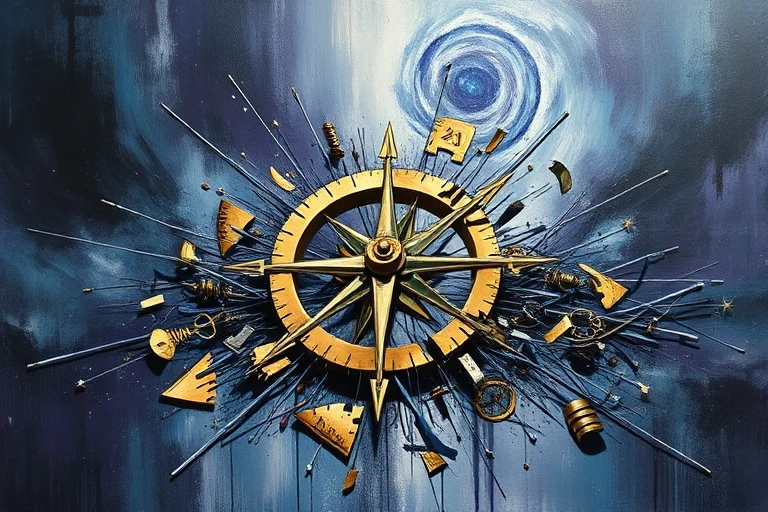 Pintura abstracta de un compás roto y líneas erráticas, simbolizando la confusión en la toma de decisiones.