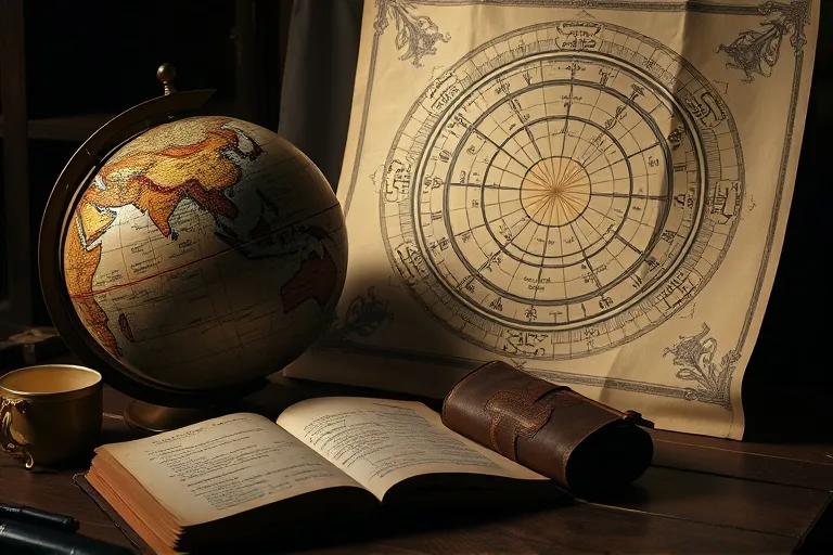 Fotografía cinematográfica de naturaleza muerta de un antiguo globo terráqueo con rutas distorsionadas, un mapa astral desplegado y un diario abierto con notas manuscritas, todo iluminado por una luz suave y misteriosa.