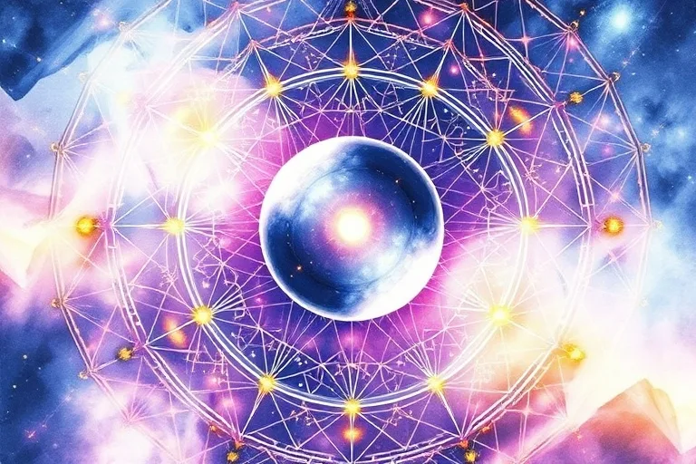 Pintura abstracta en acuarela que representa hilos kármicos entrelazados, con una esfera de cristal brillante en el centro, simbolizando la conexión entre el pasado, el presente y el futuro.