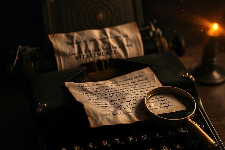 Fotografía cinematográfica de una máquina de escribir antigua con papel lleno de tachones y correcciones, junto a una lupa, simbolizando la revisión y el pensamiento meticuloso.