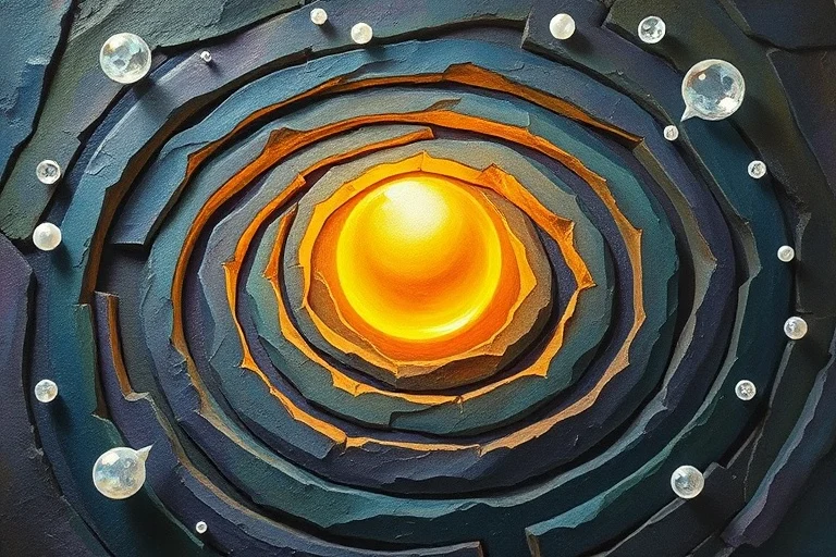 Pintura al óleo abstracta de un laberinto que conduce a una esfera brillante, rodeada de burbujas de pensamiento fragmentadas, simbolizando un viaje de comprensión no lineal.