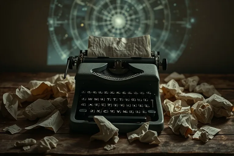 Fotografía cinematográfica de una máquina de escribir antigua con papeles arrugados, simbolizando desafíos en la expresión escrita y verbal.