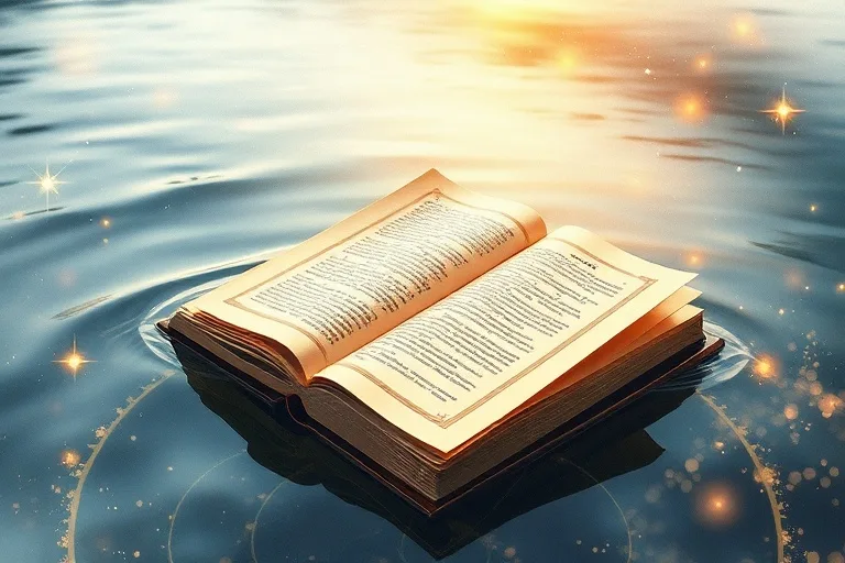 Pintura de acuarela de un río claro y sereno con un libro flotando, simbolizando la claridad mental y la sanación de la comunicación.