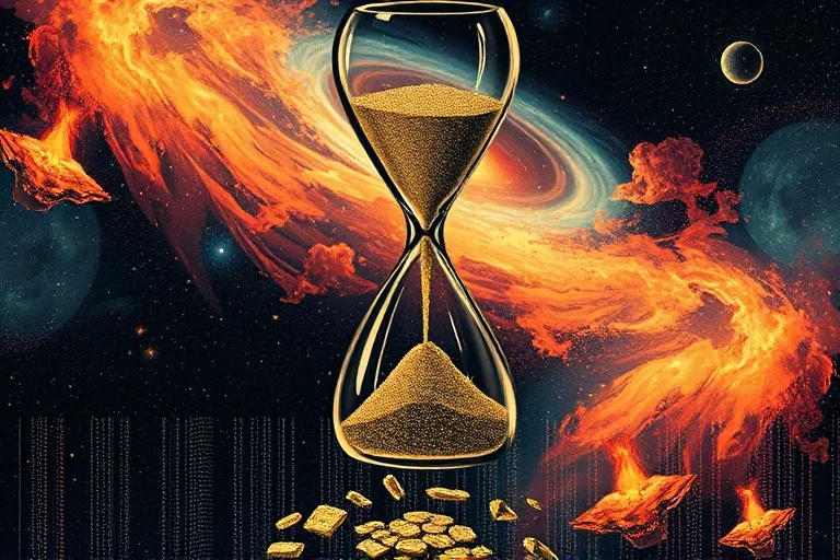 Reloj de arena roto con arena que fluye hacia arriba, líneas etéreas y nebulosa de fondo.