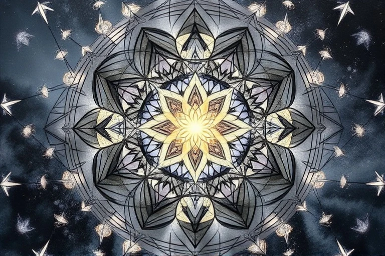 Pintura al óleo abstracta de una mente laberíntica con formas geométricas y colores apagados, una luz brillante pulsante en el centro.