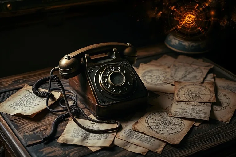 Fotografía cinematográfica de un teléfono de disco antiguo con cables enredados sobre un escritorio, rodeado de cartas y mapas antiguos, con iluminación dramática.