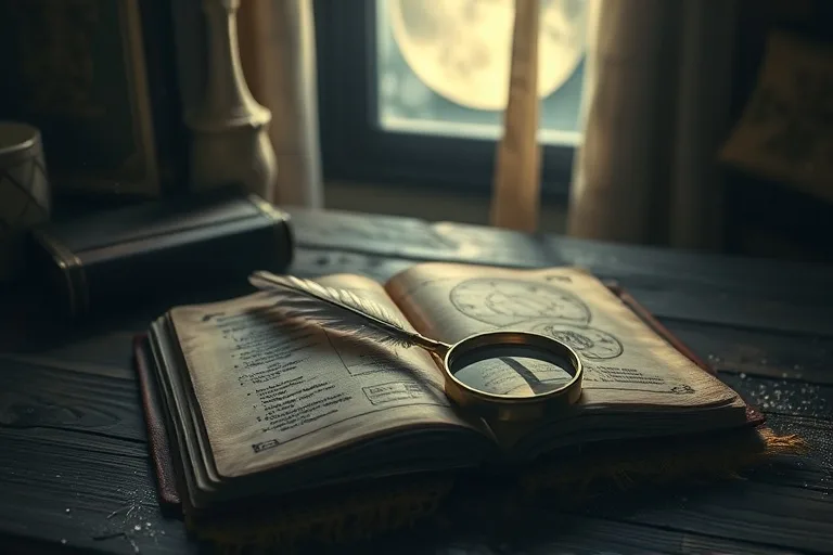 Diario de cuero antiguo abierto sobre un escritorio de madera, con una pluma y una lupa, iluminado por luz de luna, simbolizando la introspección y el desciframiento de mensajes ocultos.
