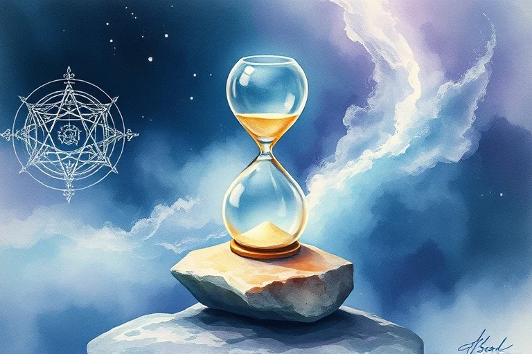 Pintura acuarela de un reloj de arena translúcido sobre una piedra, rodeado de símbolos antiguos y patrones geométricos emergiendo de la niebla, con un fondo de azules y púrpuras, evocando el subconsciente.