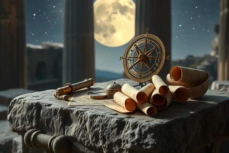 Colección de herramientas astronómicas antiguas sobre un altar de piedra