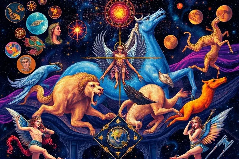 Pintura al óleo de un tapiz cósmico con figuras míticas y constelaciones
