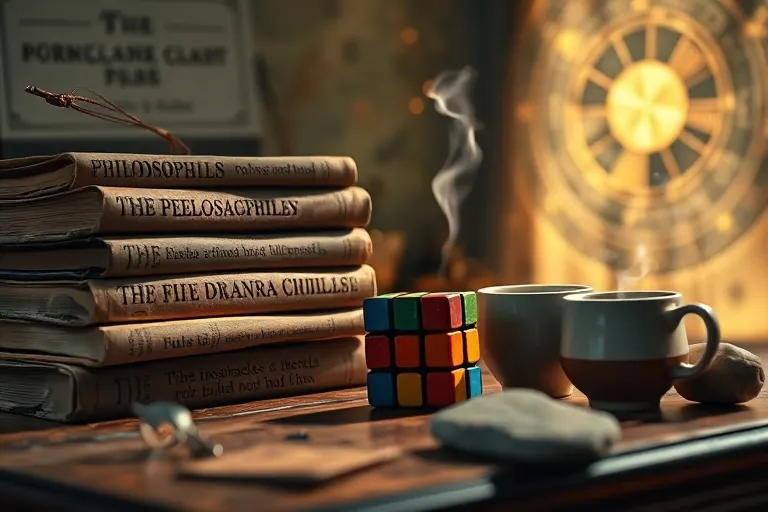 Bodegón cinematográfico de un escritorio antiguo de madera, bañado en luz suave y cálida. Sobre el escritorio, una colección de textos filosóficos vintage, un cubo de Rubik parcialmente resuelto, una taza humeante de té de hierbas y una pequeña piedra de río lisa. La composición evoca curiosidad intelectual, calma mental y pensamiento estratégico. Fotografía macro de primer plano extremo.