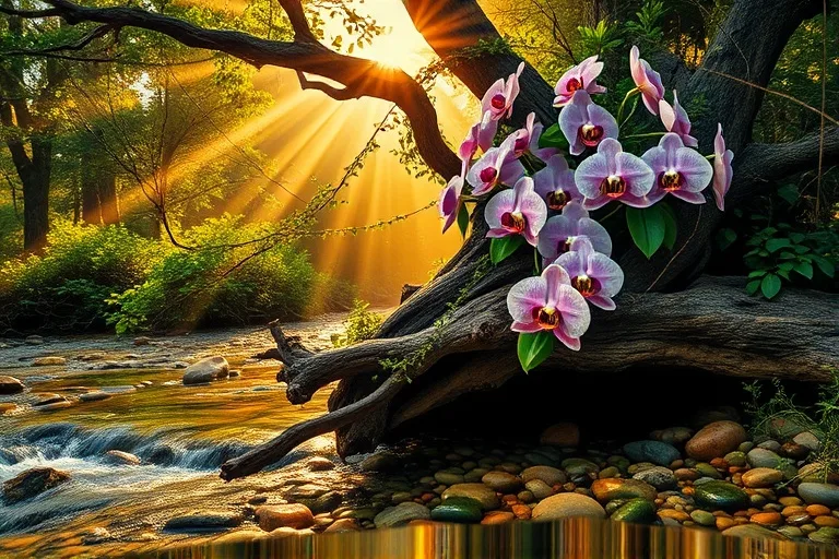 Pieza de arte conceptual, una vibrante pintura al óleo que representa una disposición dinámica de elementos naturales: una rama de árbol nudosa que se eleva, entrelazada con enredaderas de color verde brillante y orquídeas en flor. Debajo, un arroyo cristalino fluye sobre guijarros lisos y coloridos, con rayos de sol atravesando el dosel. La escena simboliza el flujo de energía, la vitalidad natural y la adaptabilidad. Fotografía macro de primer plano extremo.