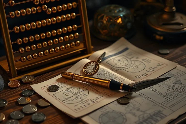 Escritorio con abaco de latón, pluma de ave, plano de mecanismo, monedas metálicas y diario con diagramas. Iluminación dramática.