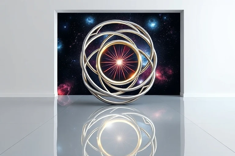 Escultura abstracta de anillos metálicos entrelazados en galería minimalista, uno más grande y brillante. Reflejos en el suelo.