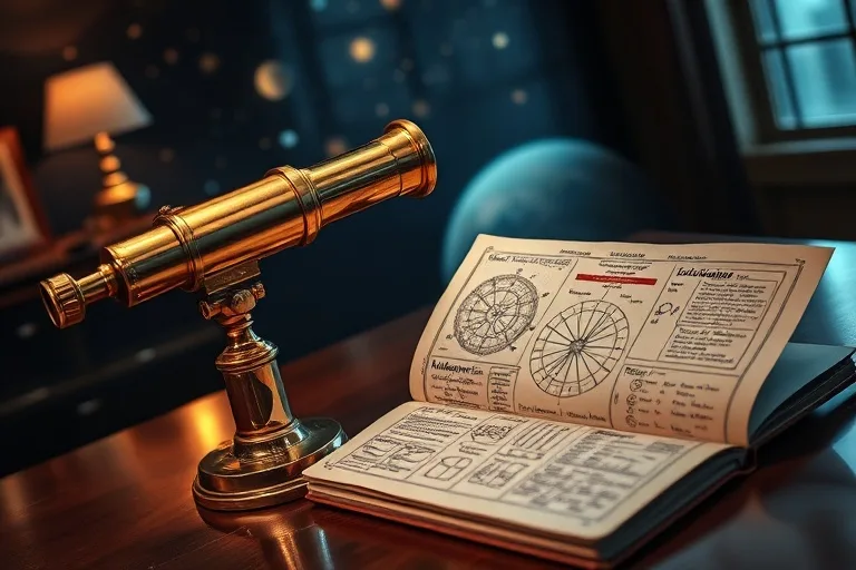 Telescopio vintage y diario de negocios con planes lunares.