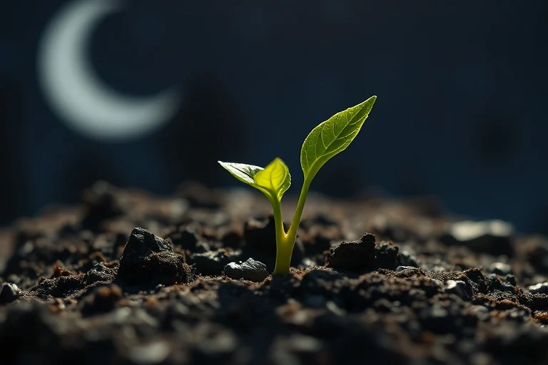 Semilla germinando en tierra, iluminada por la luna nueva, simbolizando el potencial de crecimiento.