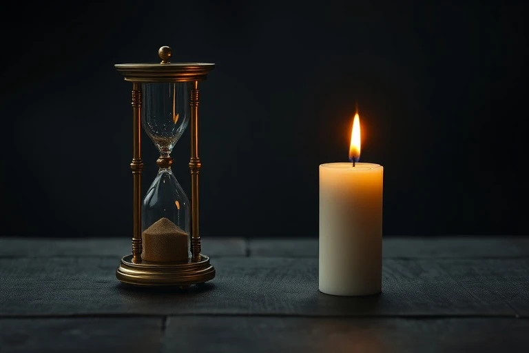 Reloj de arena antiguo y vela medio consumida sobre una mesa de madera, simbolizando el paso del tiempo y la introspección durante una crisis espiritual.